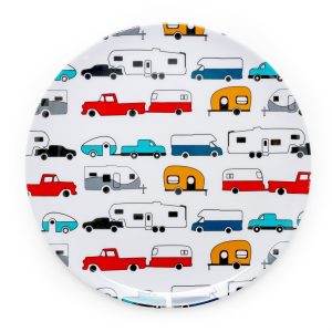 diner plate is white with a multi-color RV