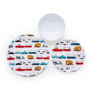 diner plate is white with a multi-color RV